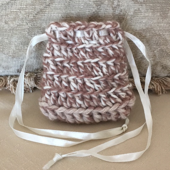 HAND CRAFTED 3 Mini Bags Boho Drawstring Crochet Tan Black Red - Picture 2 of 12